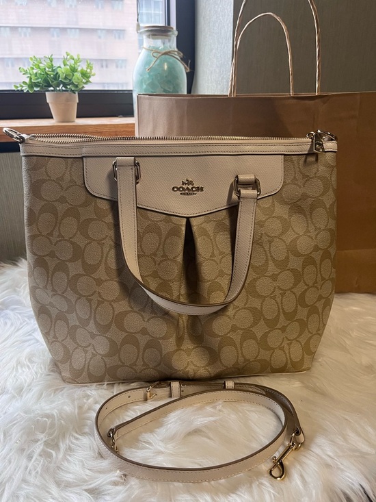 Coach Handbags - Coach Beige Signature Canvas Tote Bag with Removable Strap